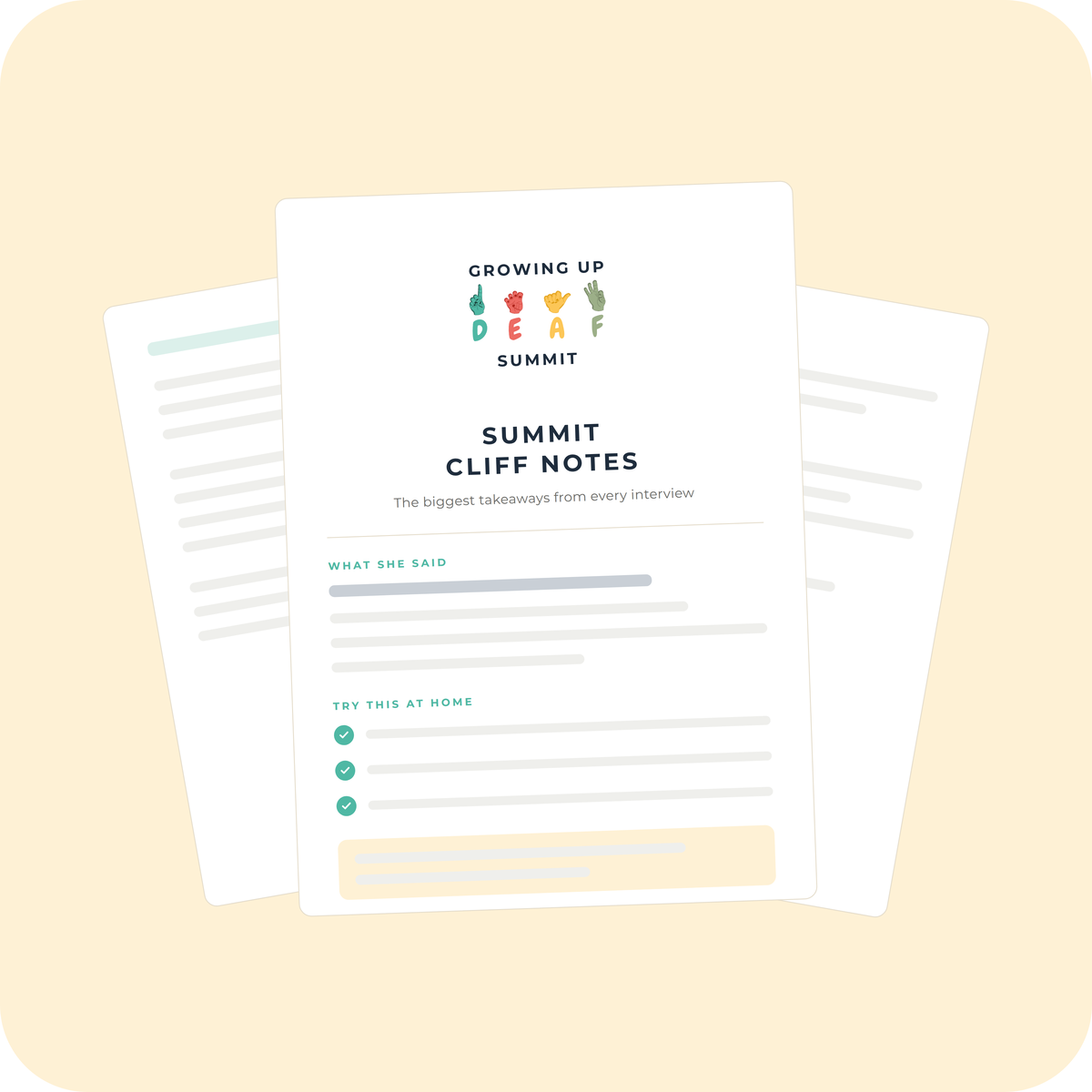 Three fanned pages of the Summit Cliff Notes workbook, the cover page carrying the Growing Up Deaf Summit logo