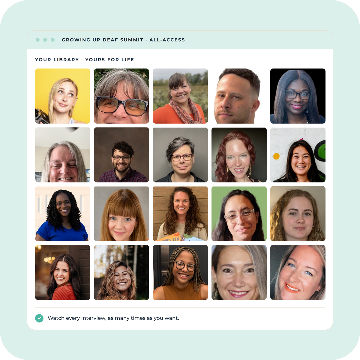 The interview library on screen: a grid of presenter headshots under the heading Your Library, Yours For Life